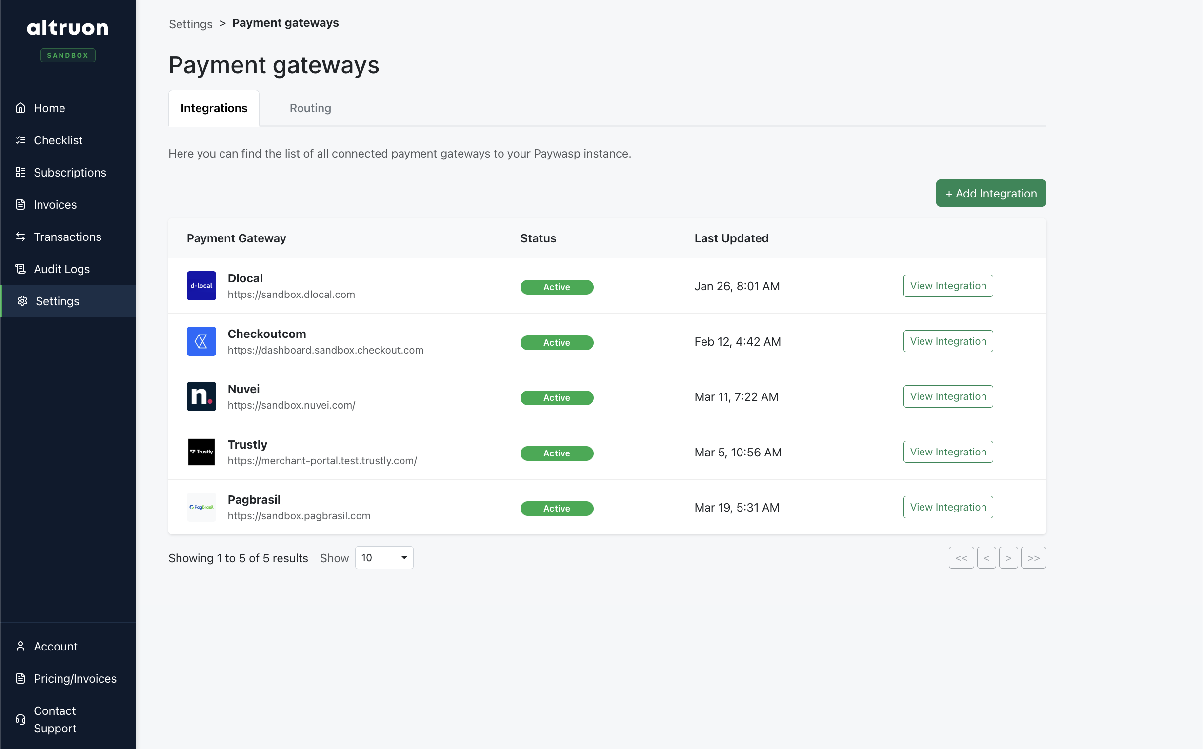 Altruon backoffice payment gateway integrations list